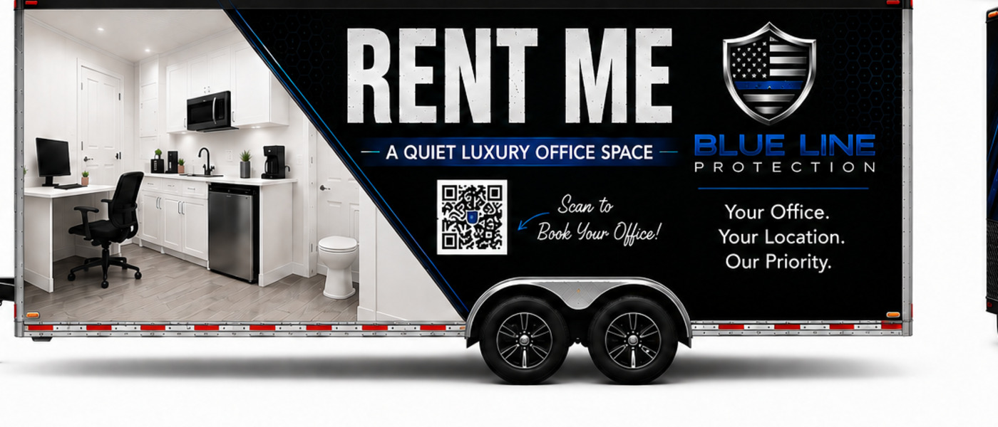 Blue Line Protection mobile office trailer — side view showing the office interior with desk, kitchenette, and restroom